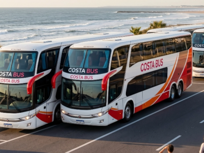 Flota de micros de Costa Bus preparada para servicios de alquiler y contrataciones en viajes grupales y turísticos hacia la Costa Atlántica.