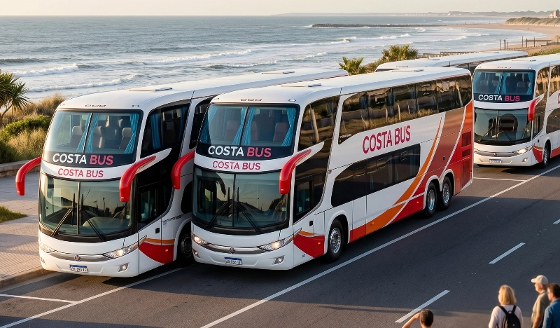 Flota de micros de Costa Bus preparada para servicios de alquiler y contrataciones en viajes grupales y turísticos hacia la Costa Atlántica.