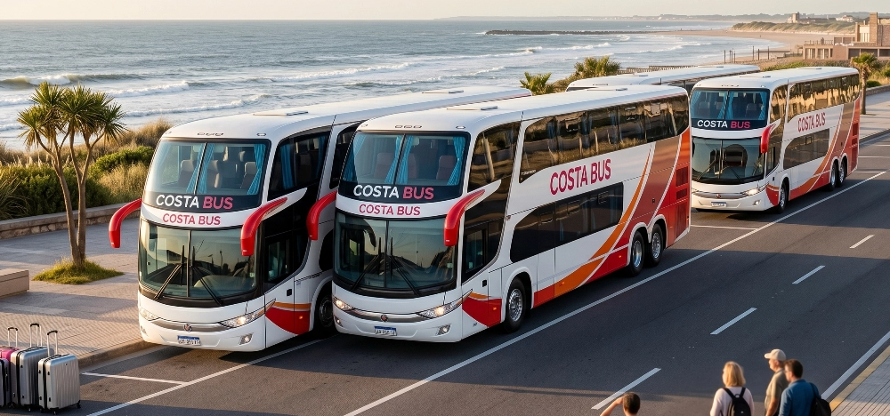 Flota de micros de Costa Bus preparada para servicios de alquiler y contrataciones en viajes grupales y turísticos hacia la Costa Atlántica.