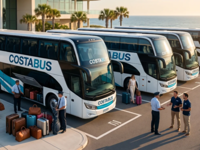 Flota de micros modernos de Costa Bus disponibles para alquiler de unidades para viajes especiales y traslados grupales con máximo confort.