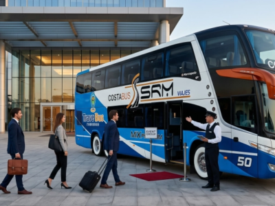 Unidades ejecutivas de Costa Bus preparadas para el traslado de personal y contrataciones de micros para viajes empresariales y eventos corporativos.