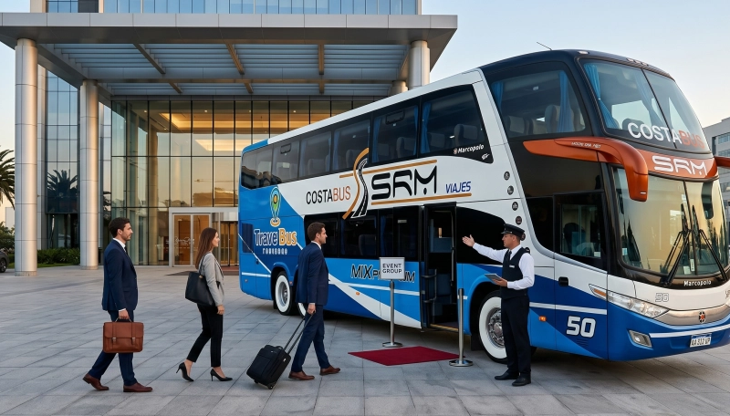Unidades ejecutivas de Costa Bus preparadas para el traslado de personal y contrataciones de micros para viajes empresariales y eventos corporativos.