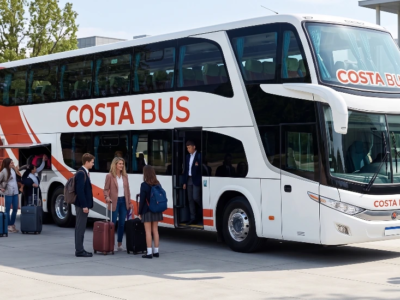 Unidad moderna de Costa Bus prestando el servicio de alquiler de bus para viajes grupales, ideal para clubes, colegios y familias.