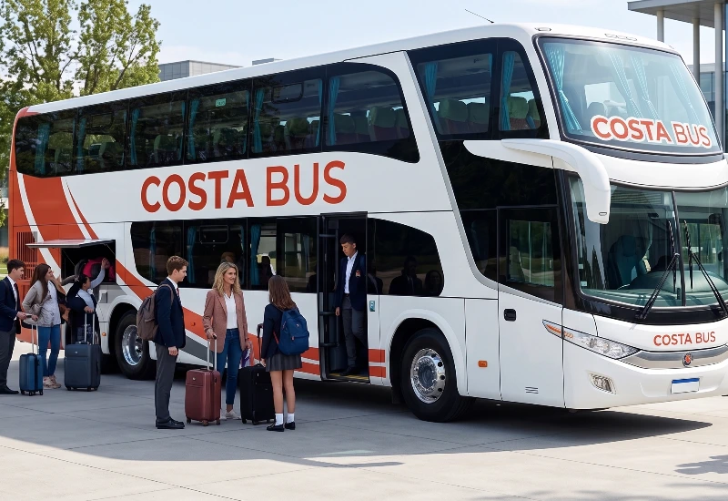 Unidad moderna de Costa Bus prestando el servicio de alquiler de bus para viajes grupales, ideal para clubes, colegios y familias.