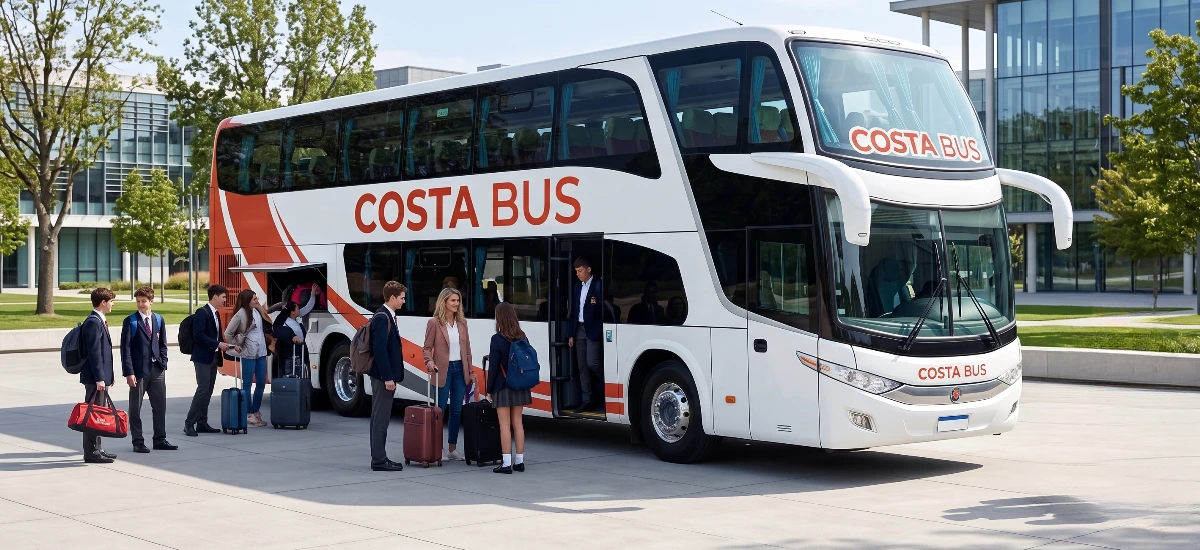Unidad moderna de Costa Bus prestando el servicio de alquiler de bus para viajes grupales, ideal para clubes, colegios y familias.